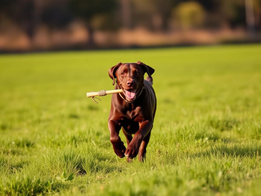 Labrador Chocolate adulto corriendo en un campo