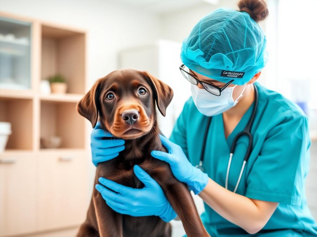 Revisión veterinaria completa de un cachorro Labrador Chocolate